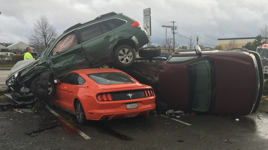 Vehicles ended up on top of each other after a multi-vehicle crash along William Penn Highway in Monroeville Wednesday afternoon. The driver of the top vehicle was taken to a local hospital.
