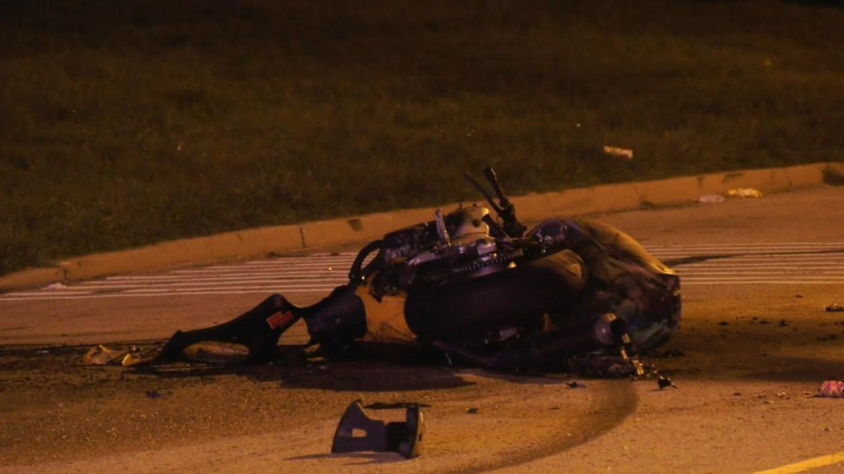 Motorcyclist killed after colliding with car that was allegedly drag racing.    