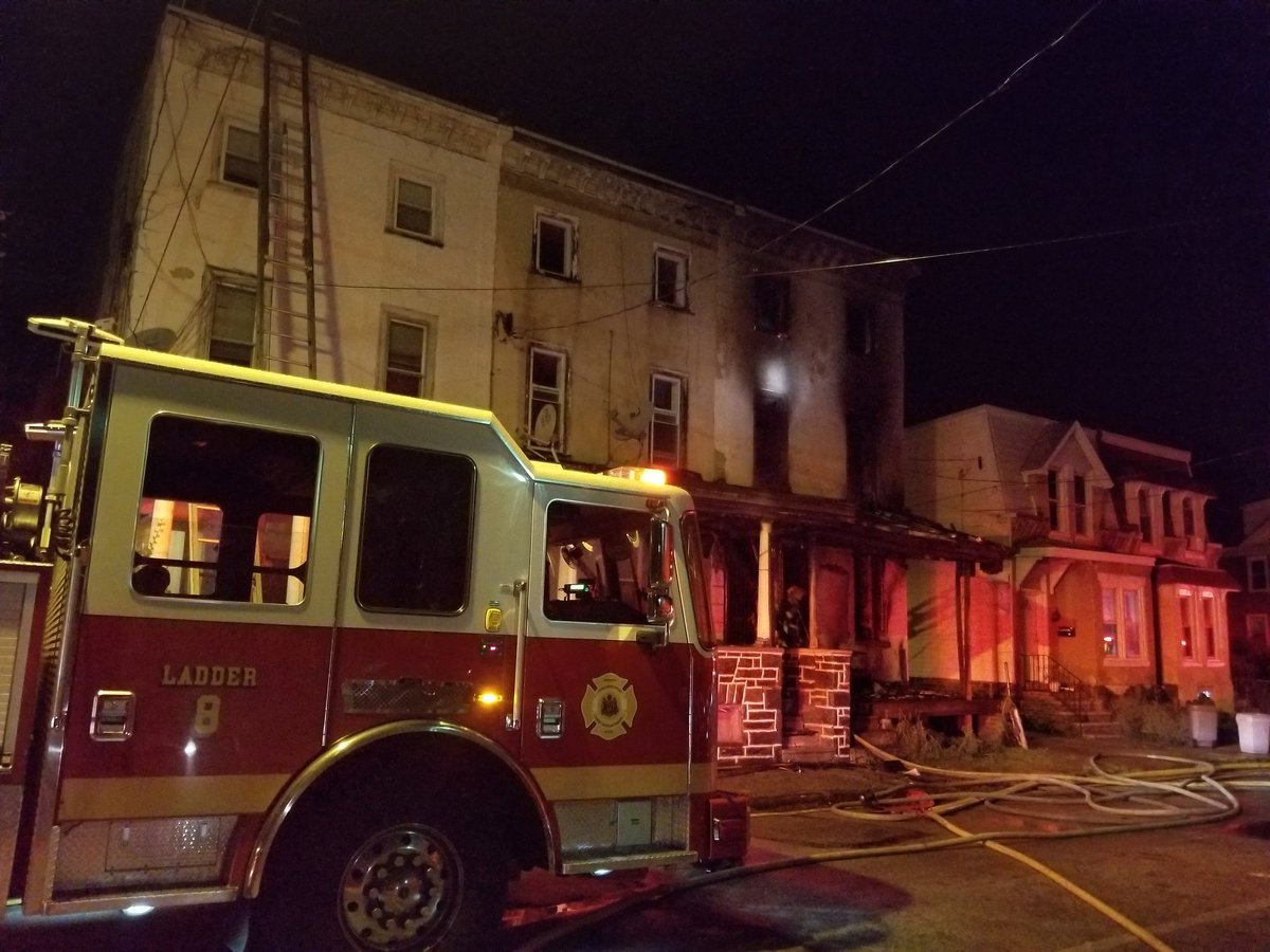 Philadelphia Firefighters working on a fire at a row home on Herman St near Germantown Ave. Crews appear to have the blaze mostly under control, but are still working on some hot spots