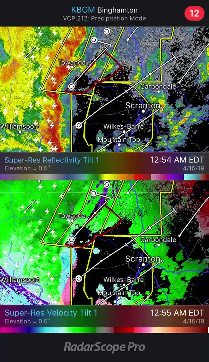 Tornado warning issued just east of Towanda, PA. Good little couplet clearly visible on radar. Take shelter.   