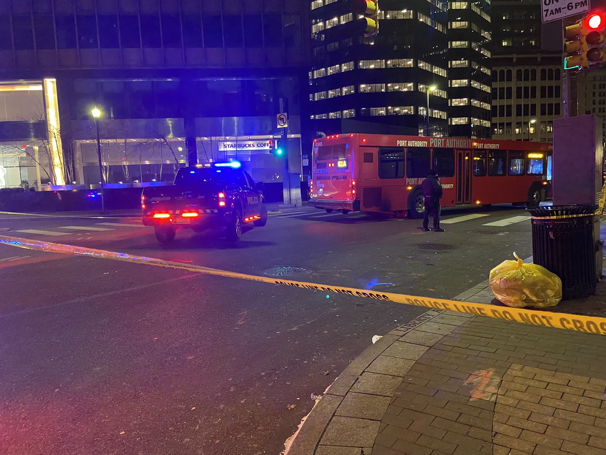 Liberty Ave between 6th and 7th is blocked off and surrounded by police tape after an incident involving a Port Authority bus. Avoid the area