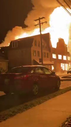 This is the fire in Kittaning sent to me from a neighbor, that has displaced several families… A transformer blew leaving neighbors without power and a building has collapsed too.