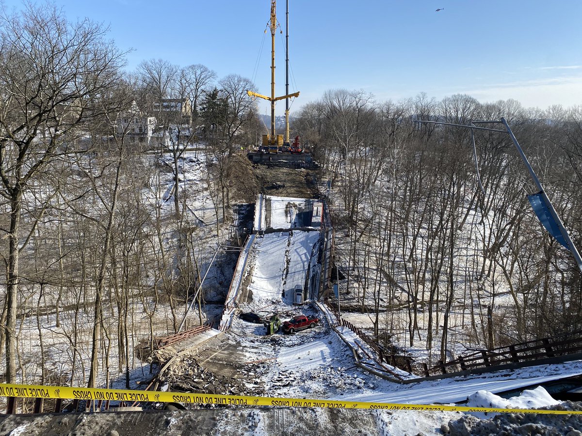 Views of the Fern Hollow Bridge collapse from the Squirrel Hill side.