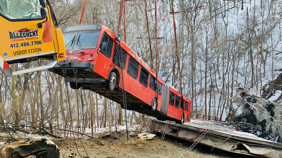 A tremendous job by those who lifted the bus out of the ravine. It was pure precision & safety from start to finish. Not every day one sees a flying bus over Frick Park. What makes it more special is the fact that no one lost their life during the bridge collapse. PGH PROUD