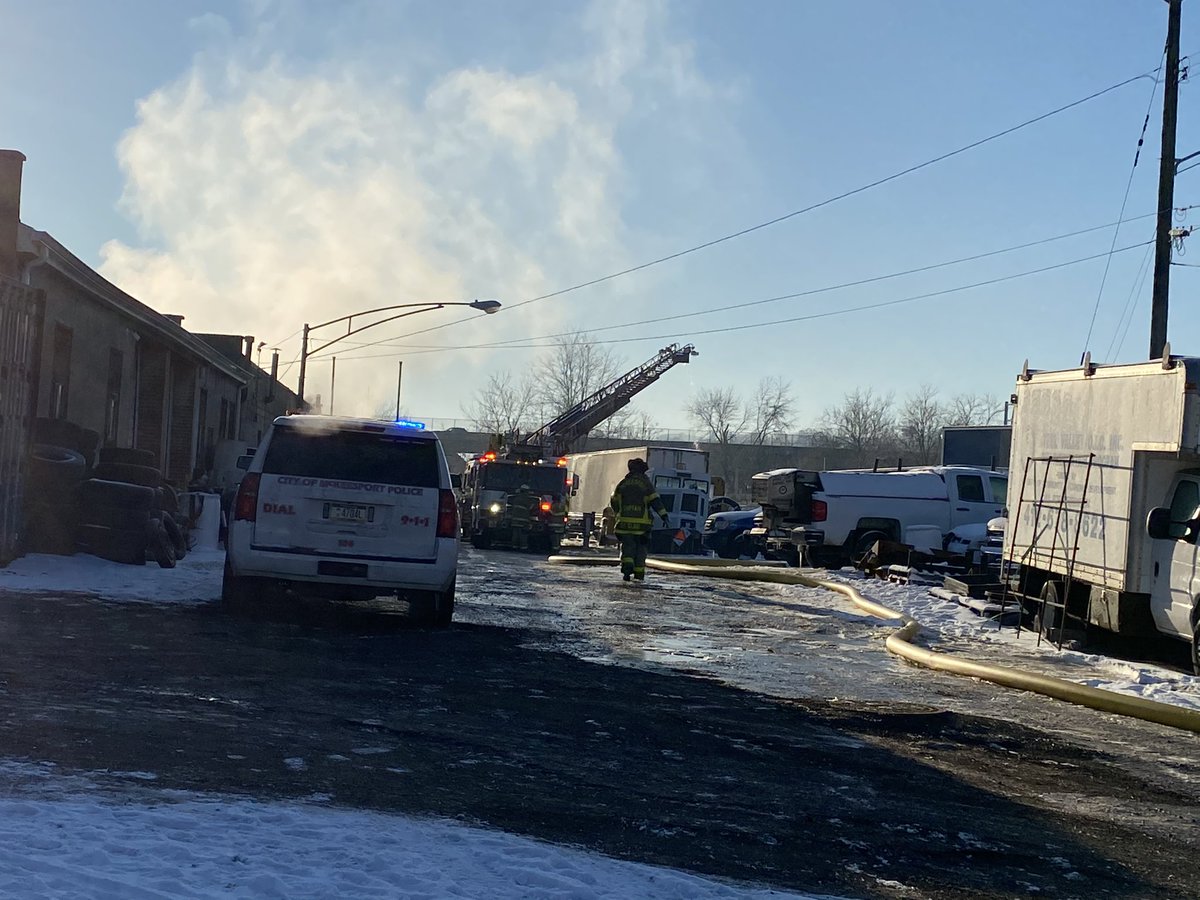 The @SalArmyPGH (Munhall) is on the scene of a fire in McKeesport. This is at the McKeesport Public Works building.  Looks like a lot of damage to the garage.