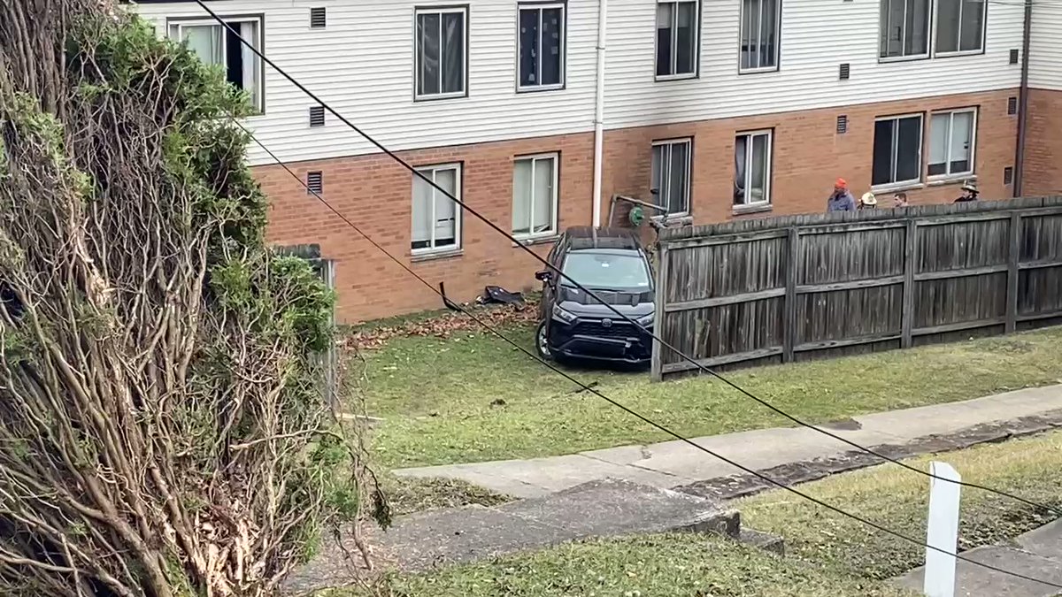 This SUV plowed into the backside of Mifflin Estates apartment complex in West Mifflin. The driver hit a tree, then went into a wooden fence and into the building and hit a gas meter