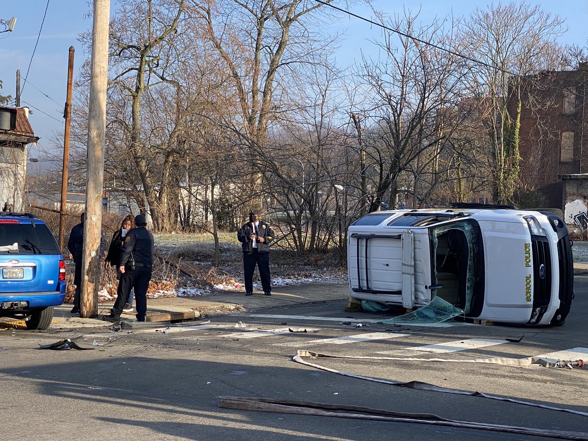 Scene of a car accident at Bennett Street and Brushton Avenue in Homewood.  A school police vehicle is involved.   Injuries are unknown at this time