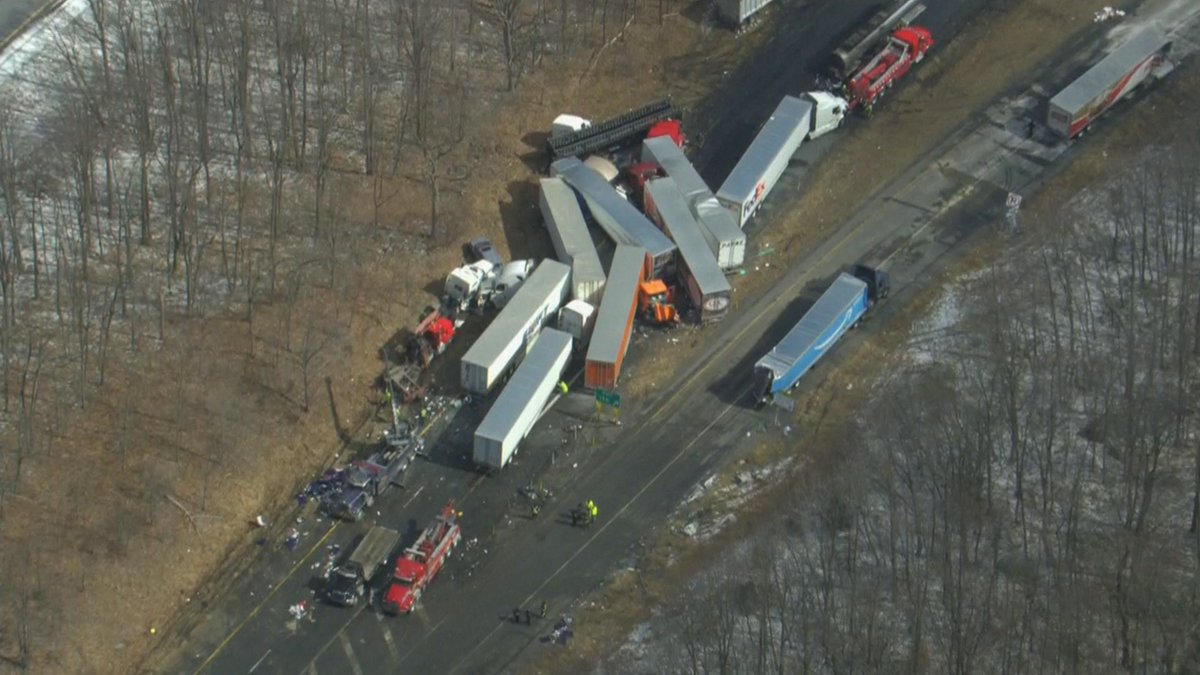 View from Chopper3 of the fatal pileup in Foster Township, Schuylkill County, nearly 24 hours after it happened