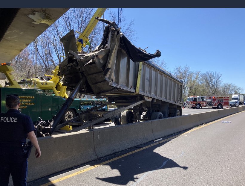 Route 1 SHUTDOWN both North & South in Langhorne after dump truck trailer slammed into overpass.   No injuries, other drivers were able to avoid being close by.  Overpass hit is Route 413 which is ALSO CLOSED as bridge integrity needs inspection.