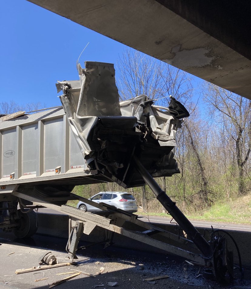 Route 1 SHUTDOWN both North & South in Langhorne after dump truck trailer slammed into overpass.   No injuries, other drivers were able to avoid being close by.  Overpass hit is Route 413 which is ALSO CLOSED as bridge integrity needs inspection.