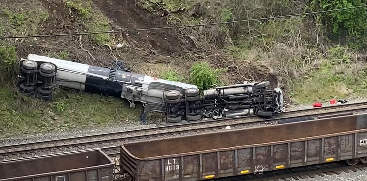 A tanker truck has gone over a hillside near the Rankin Bridge. We have video just in from the scene