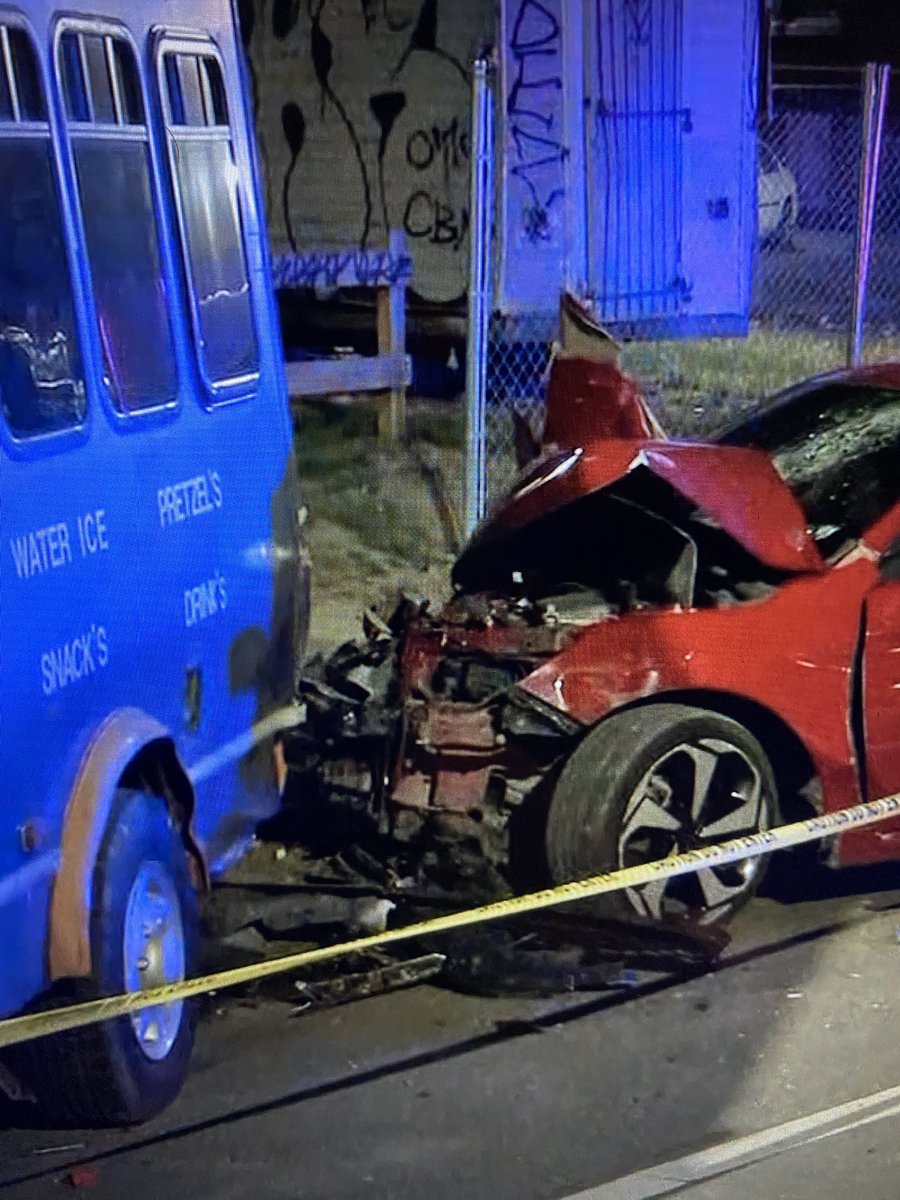 DEADLY CRASH: A 9 year old was killed when this red car crashed into an unoccupied parked mini bus at Germantown and Erie last night.  