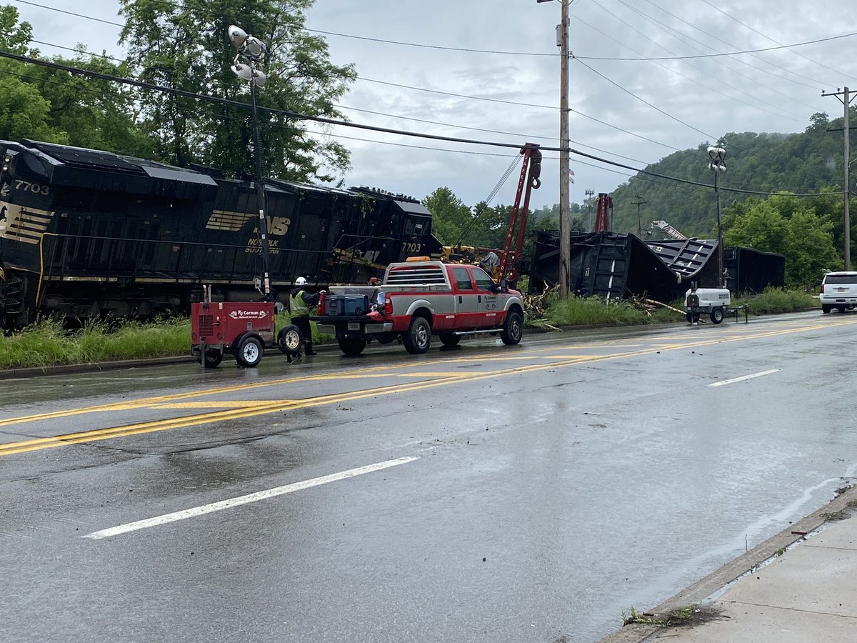 A look at the scene this morning after a train derailed yesterday in Harmar Twp.  Multiple emergency crews remain on scene and are beginning the cleanup process. They've pulled some of the train cars from the tracks