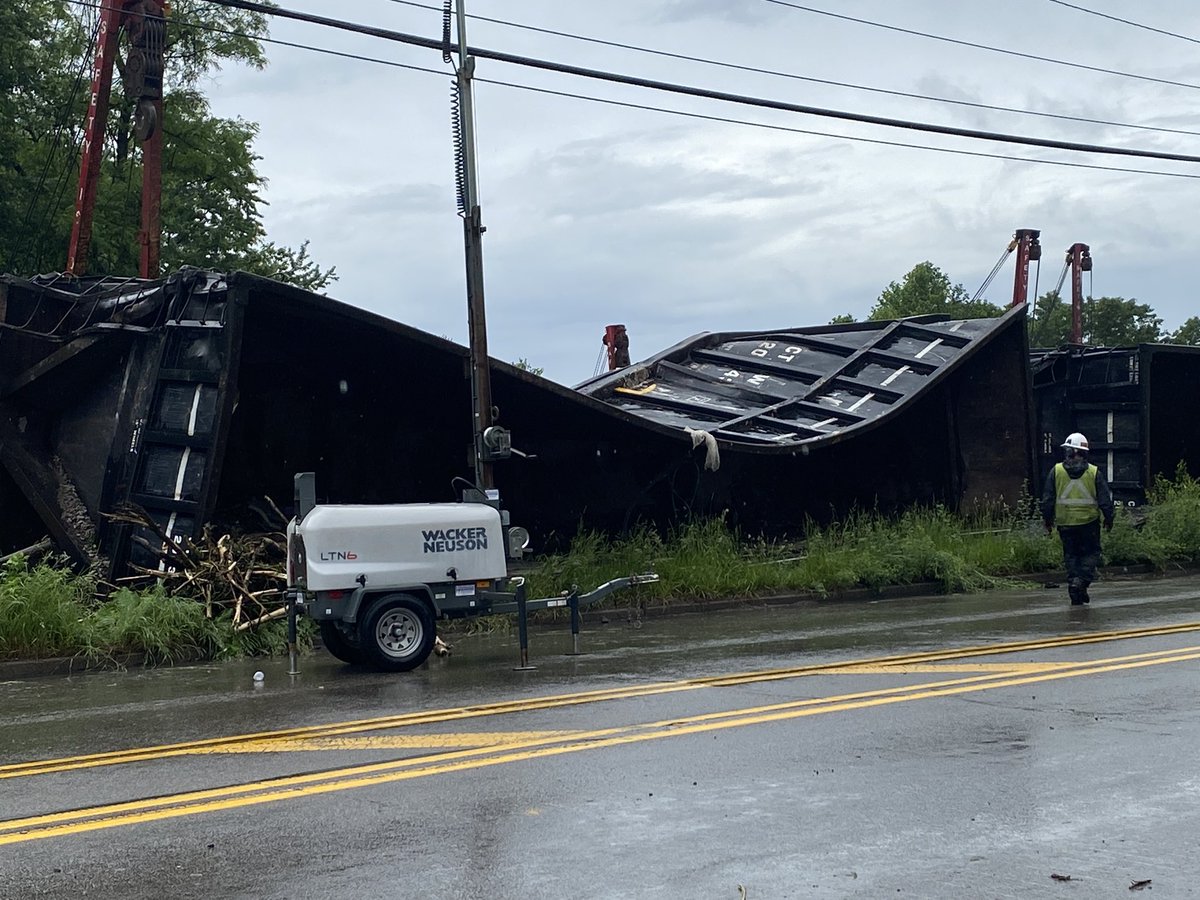 A look at the scene this morning after a train derailed yesterday in Harmar Twp.  Multiple emergency crews remain on scene and are beginning the cleanup process. They've pulled some of the train cars from the tracks