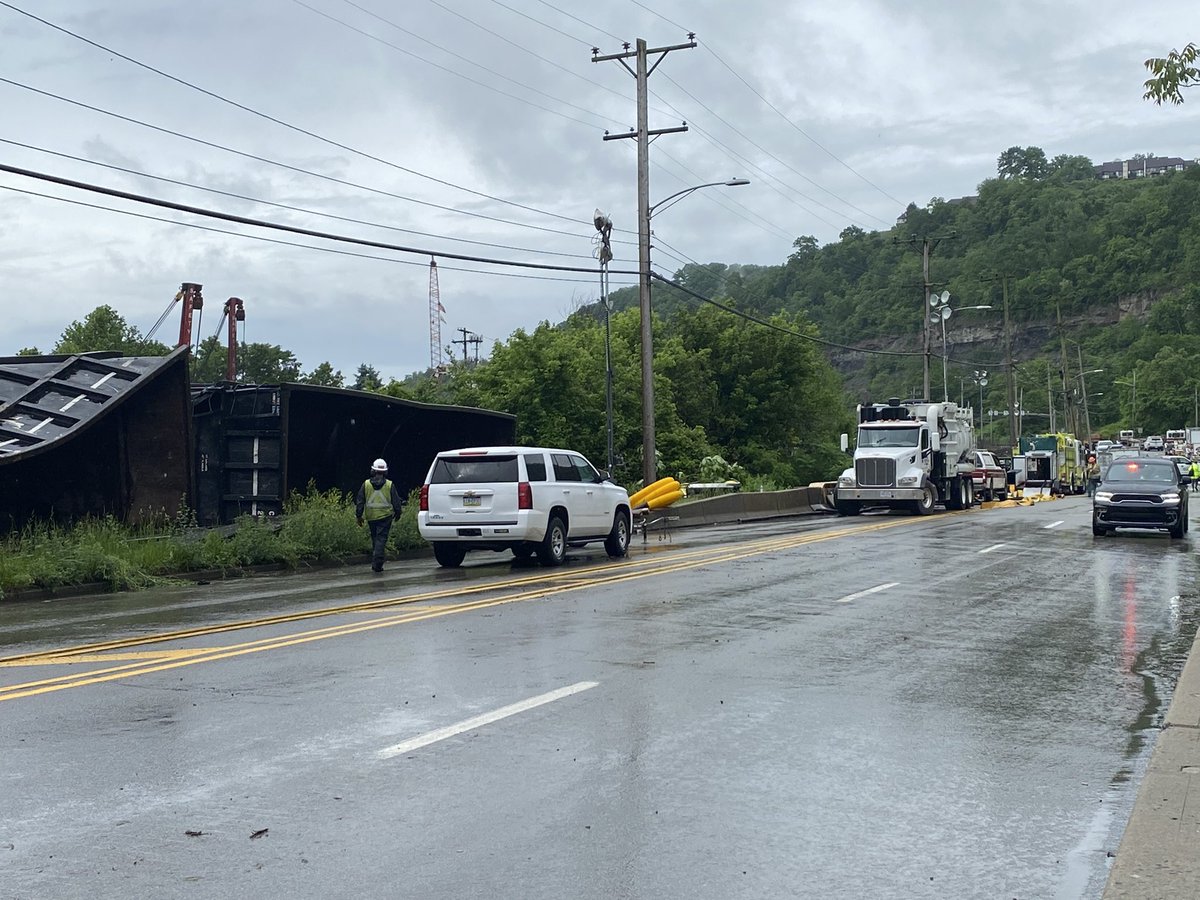 A look at the scene this morning after a train derailed yesterday in Harmar Twp.  Multiple emergency crews remain on scene and are beginning the cleanup process. They've pulled some of the train cars from the tracks