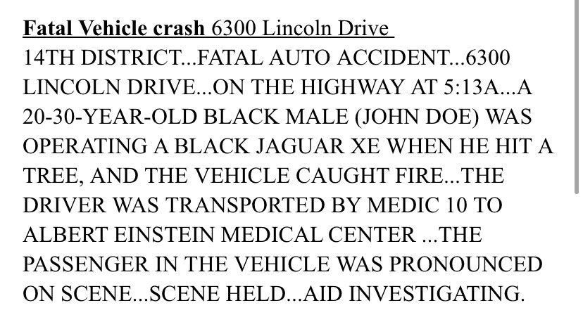 Fiery Crash on Lincoln Drive 5:13am this morning killed passenger.    Black Jaguar XE, @phillypolice say still  unidentified driver hit tree on Lincoln Drive & was ejected 