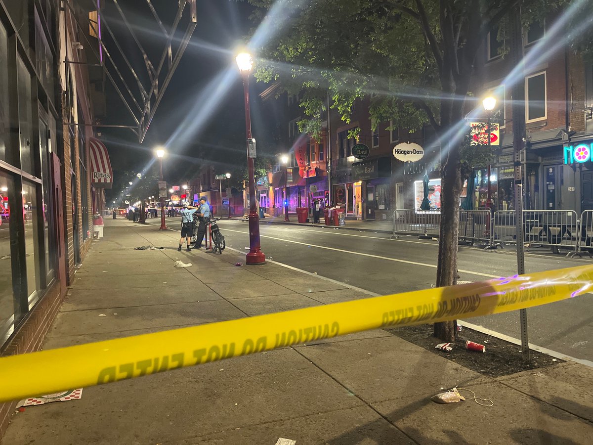 Saturday night in Philadelphia. A mass shooting on 4th & South Street with reports of nearly a dozen people shot. I'm on scene where police have cordoned off the popular weekend strip, a trail of what appears to be blood snaking along the sidewalk in front of a Rita's Water Ice