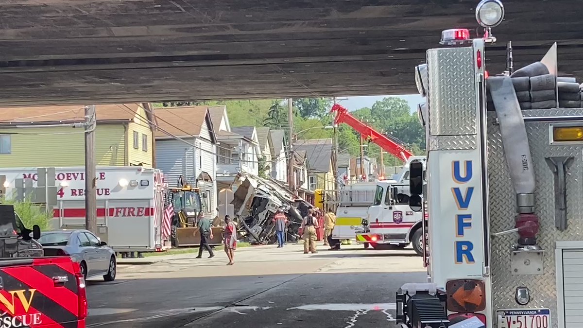 Crews have uprighted the garbage truck that flipped over and crashed into three houses in Wilmerding. The Wilmerding Fire Marshal tells me the driver of the truck has died. He says 2 of the homes were vacant. 2 people live in the 3rd. All 3 houses are now condemned