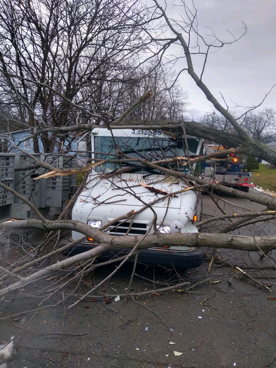 This is from yesterday—tree fell on top of this mail truck in the Dogwood Mobile Home Park in Derry, Westmoreland Co.  