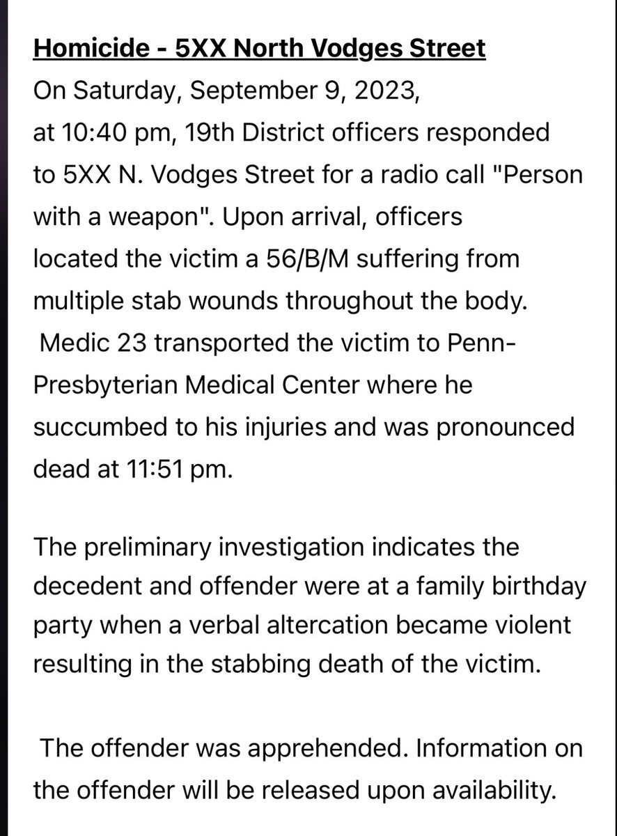 Philadelphia man,56, was stabbed to death at a family birthday party last night, becoming Philly&rsquo;s 299th homicide victim of 2023 @PhillyPolice report.   Killer also at the party and was arrested