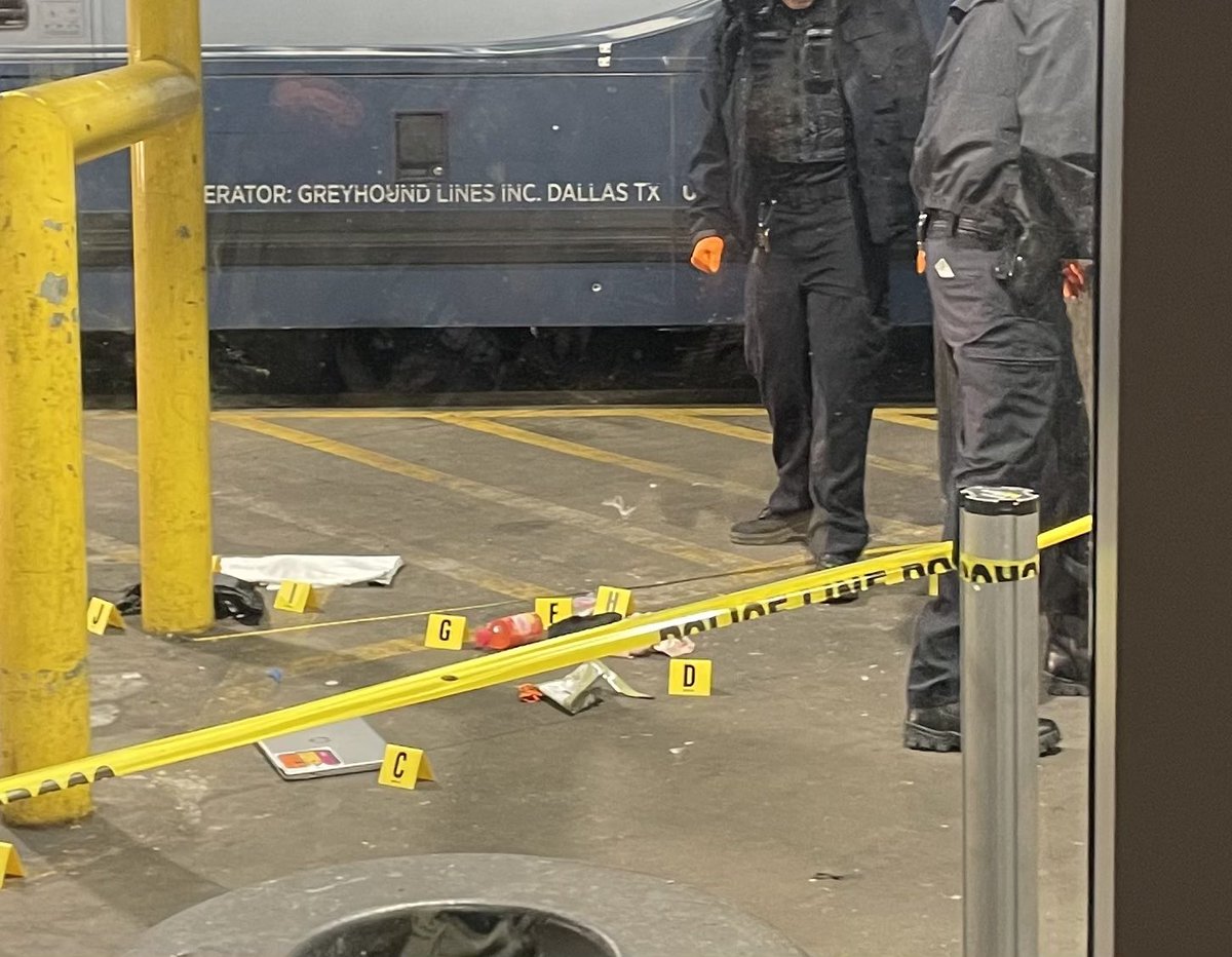 At least two people were taken to the hospital after an incident at the downtown Pittsburgh Greyhound station. We observed several evidence markers on the ground outside the buses. Witnesses said they saw a scuffle, then heard what they believed to be gunshots
