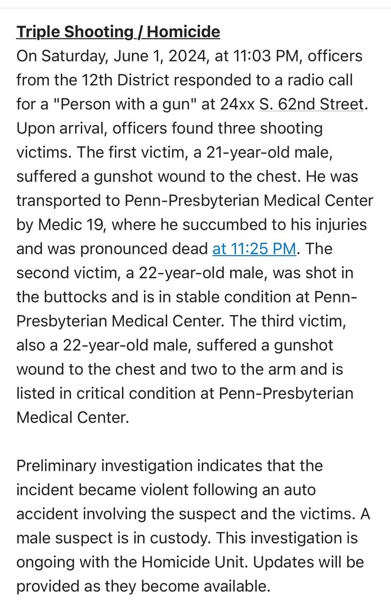 7 shot, two killed in two shootings within half hour in Southwest Philadelphia last night.    @PhillyPolice report quadruple shooting at 10:37pm, then  triple shooting 11:03pm.   Two men, 23 and 21, were killed.  Triple shooting was after a car accident on South 62nd Street