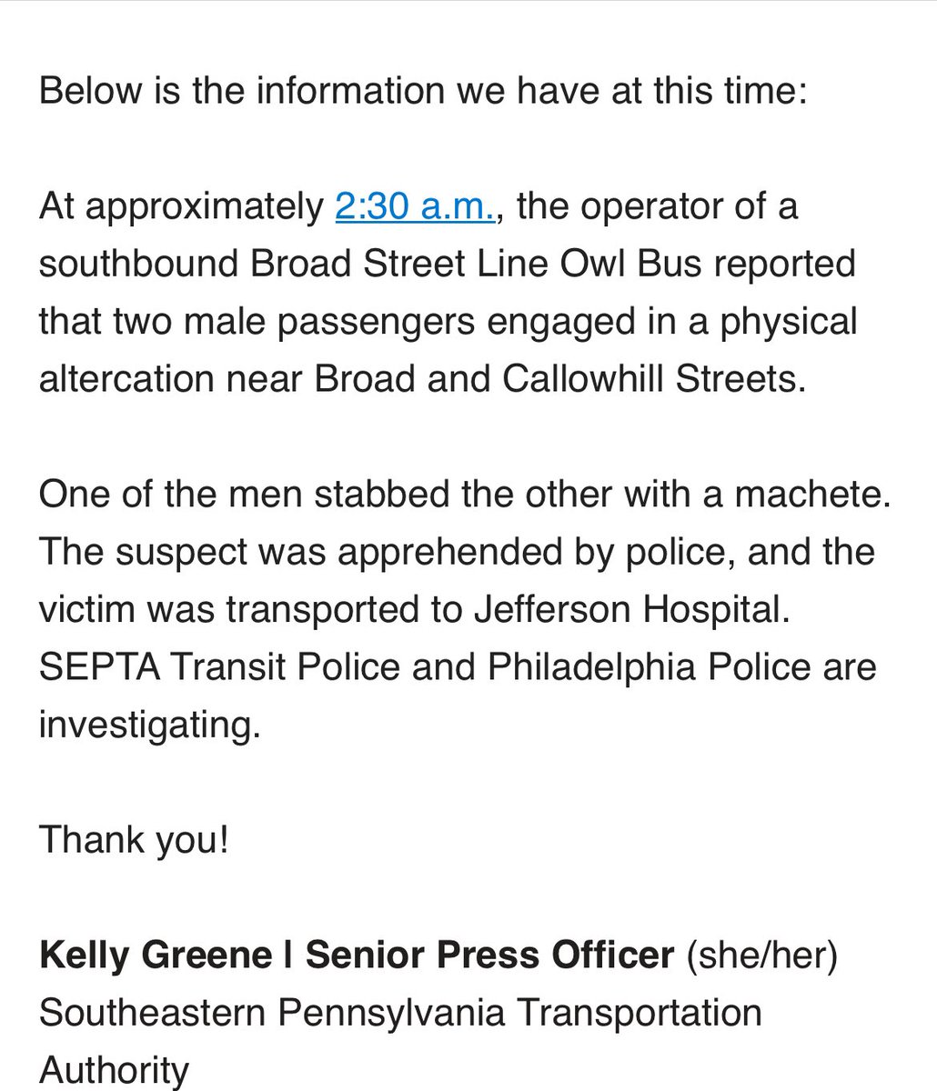 Man on @SEPTA bus attacked another passenger on bus with a machete, SEPTA spokesperson confirms.   Machete attacker arrested. @PhillyPolice & SEPTA police responded outside Philadelphia Police headquarters Broad & Callowhill Streets at 2:30am. 