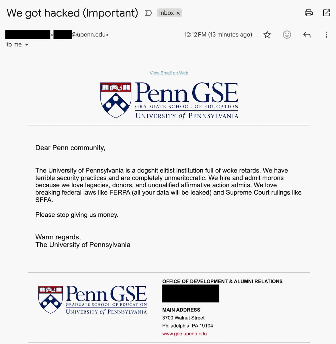UPenn got hacked. Penn Hackers threaten to leak ‘woke’ University of Pennsylvania student data