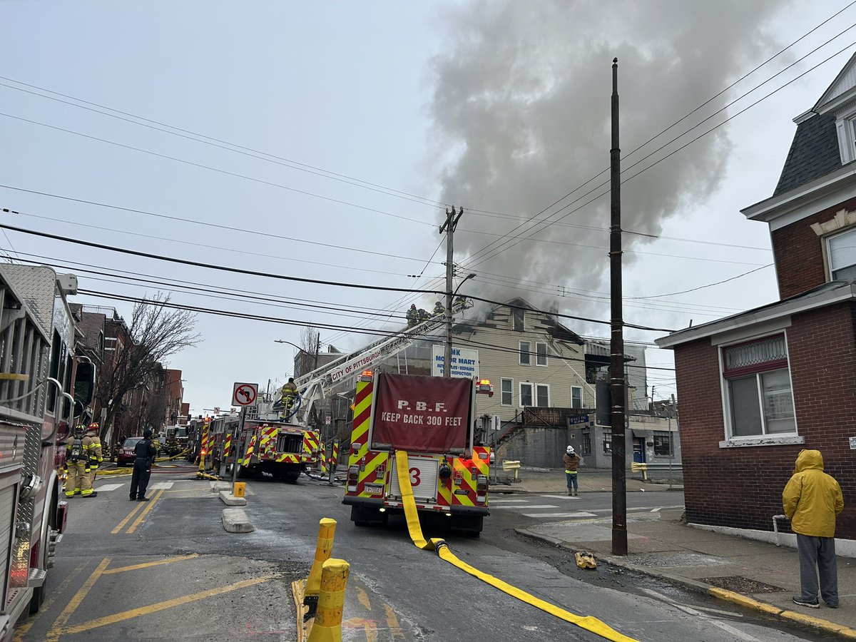 Pittsburgh firefighters are battling a three alarm fire in the 4000 block of Penn Avenue. There are no injuries at this time.  Five adults and two children have been displaced by the fire. Red Cross has been notified. Fire investigators are on scene