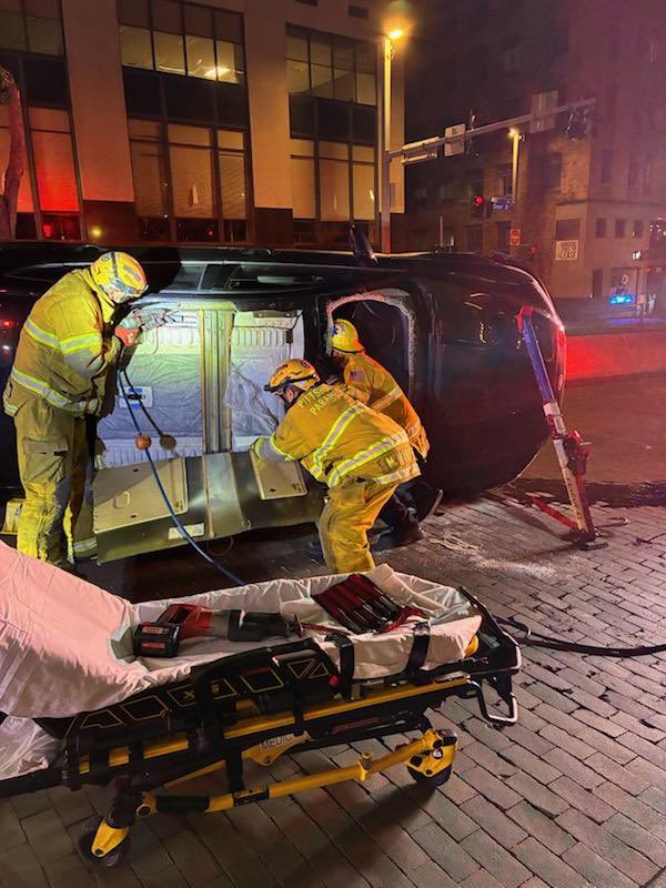 Pittsburgh EMS, Fire, and Police were dispatched to a single vehicle accident with entrapment near 4th Ave. and Grant St. Medic 14 arrived on scene within one minute of dispatch to find the vehicle on its side with two occupants trapped inside